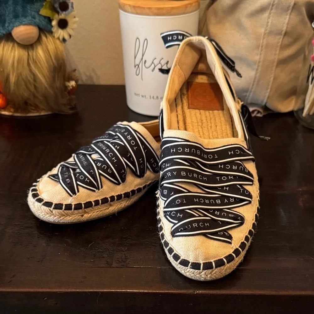 Tory Burch Cream Espadrilles with Black Logo Trim